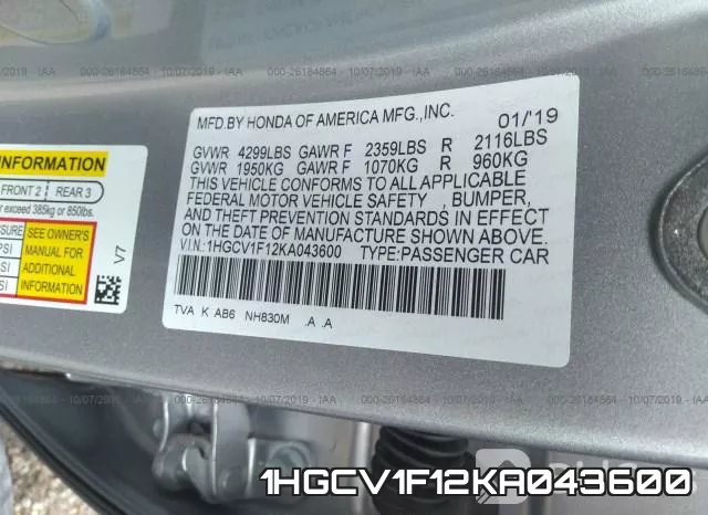1HGCV1F12KA043600 фото 10