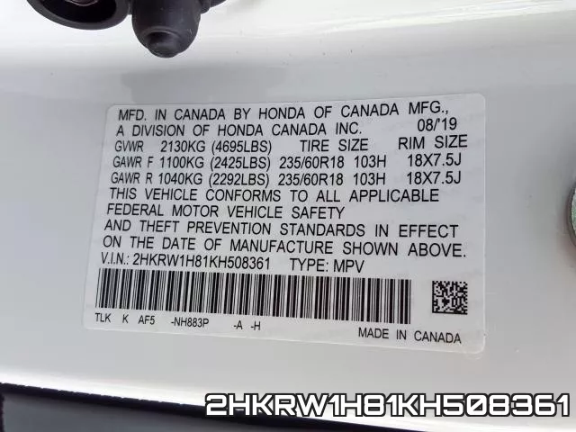 2HKRW1H81KH508361 фото 2