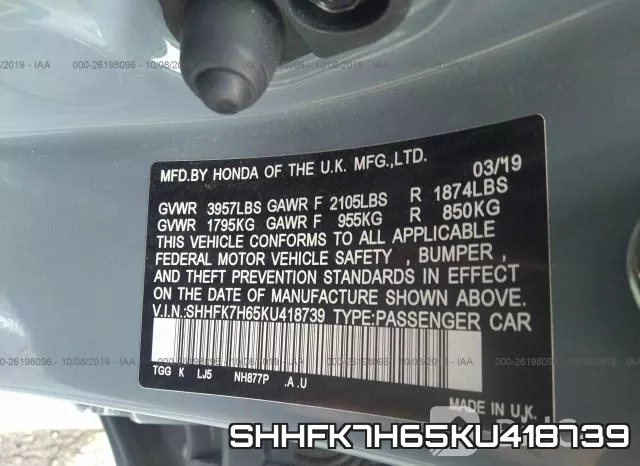 SHHFK7H65KU418739 фото 10