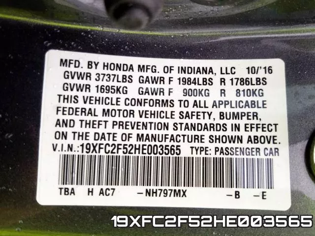 19XFC2F52HE003565 фото 2