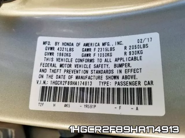 1HGCR2F89HA174913 фото 2
