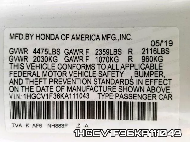 1HGCV1F36KA111043 фото 2