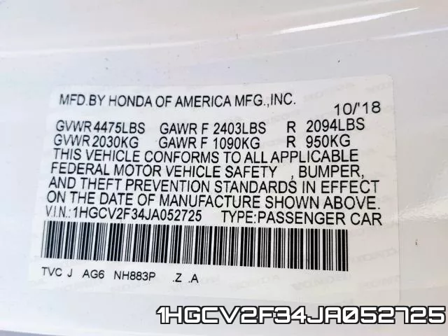 1HGCV2F34JA052725 фото 2