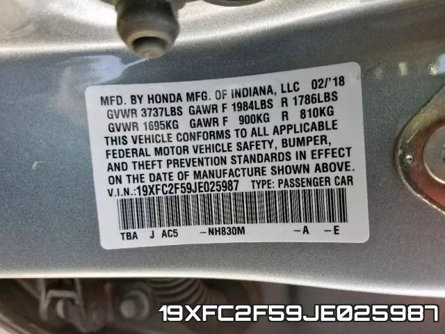 19XFC2F59JE025987 фото 2