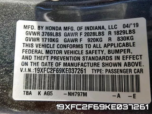 19XFC2F69KE037261 фото 2