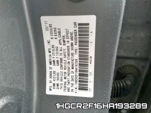 1HGCR2F16HA193289 фото 2