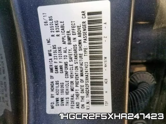 1HGCR2F5XHA247423 фото 2
