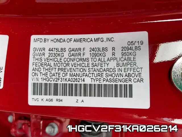1HGCV2F31KA026214 фото 2