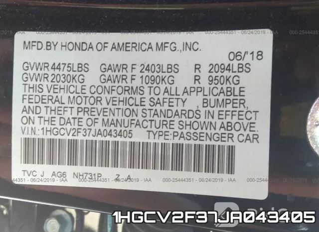 1HGCV2F37JA043405 фото 10