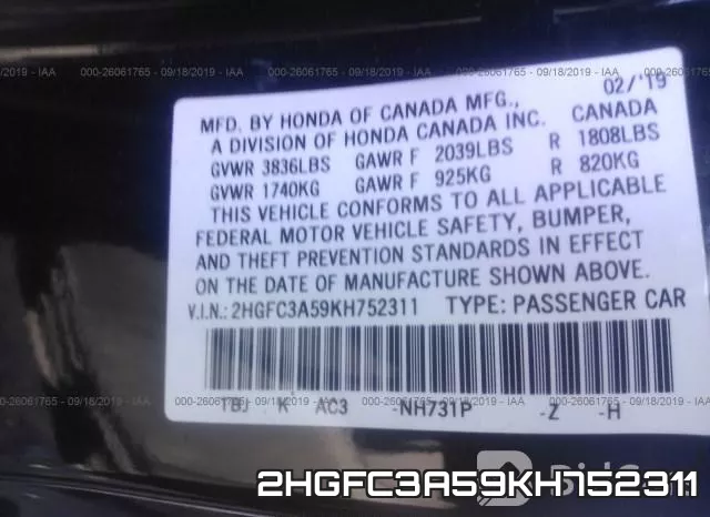 2HGFC3A59KH752311 фото 9