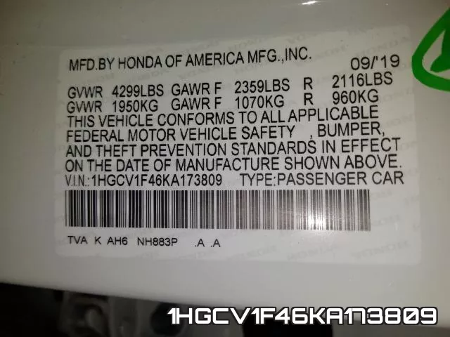 1HGCV1F46KA173809 фото 2