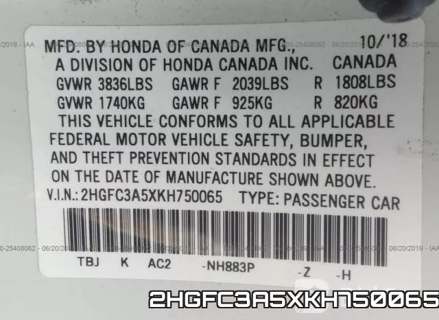 2HGFC3A5XKH750065 фото 10