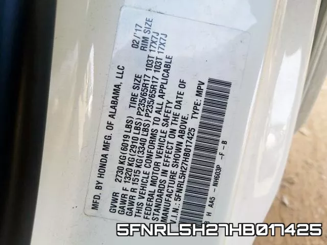 5FNRL5H27HB017425 фото 2