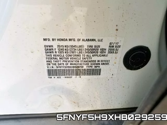 5FNYF5H9XHB029259 фото 2