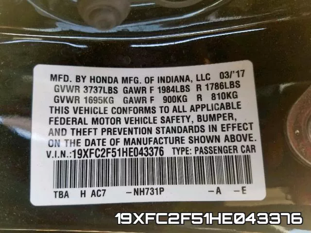 19XFC2F51HE043376 фото 2