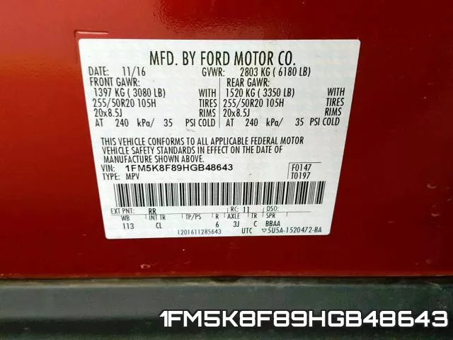 1FM5K8F89HGB48643 фото 2