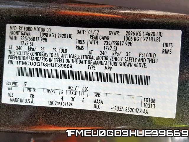 1FMCU0GD3HUE39669 фото 2