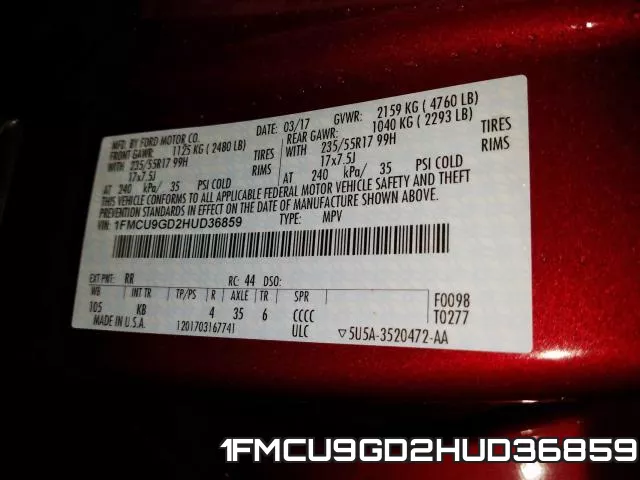 1FMCU9GD2HUD36859 фото 2