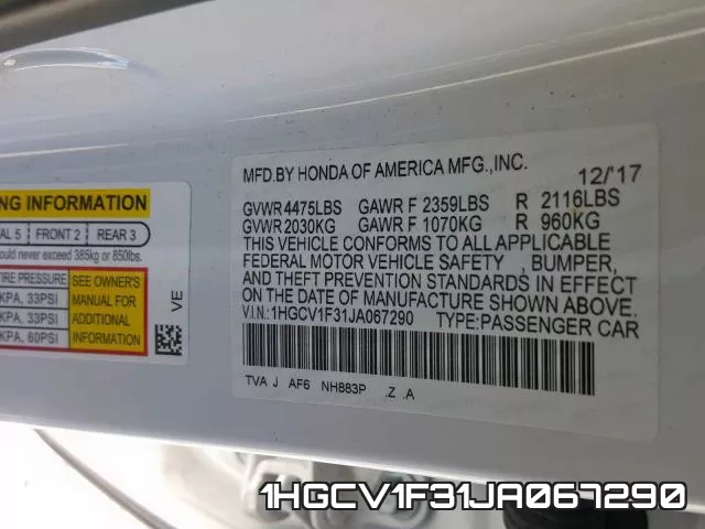 1HGCV1F31JA067290 фото 2