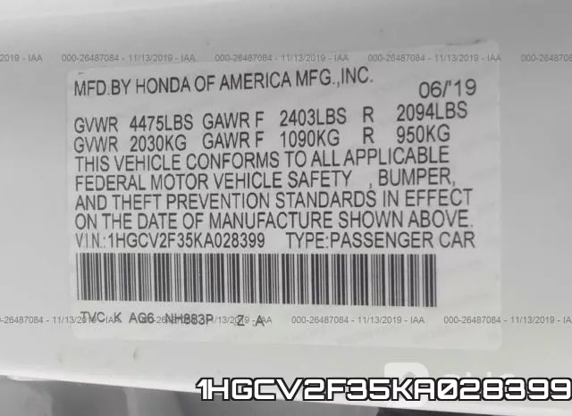 1HGCV2F35KA028399 фото 10