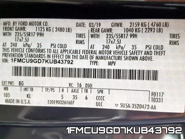 1FMCU9GD7KUB43792 фото 2