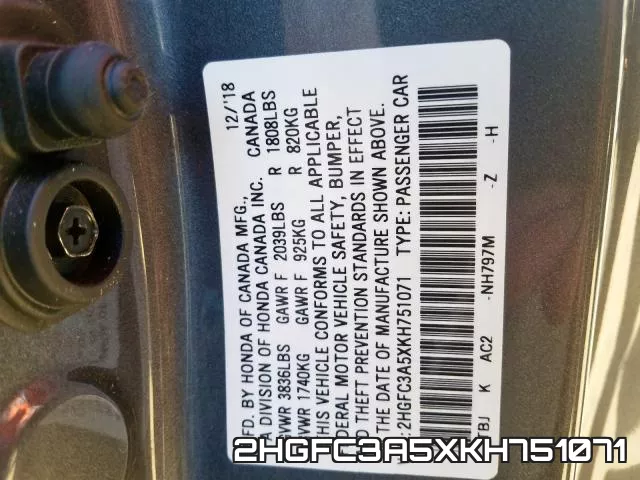 2HGFC3A5XKH751071 фото 2