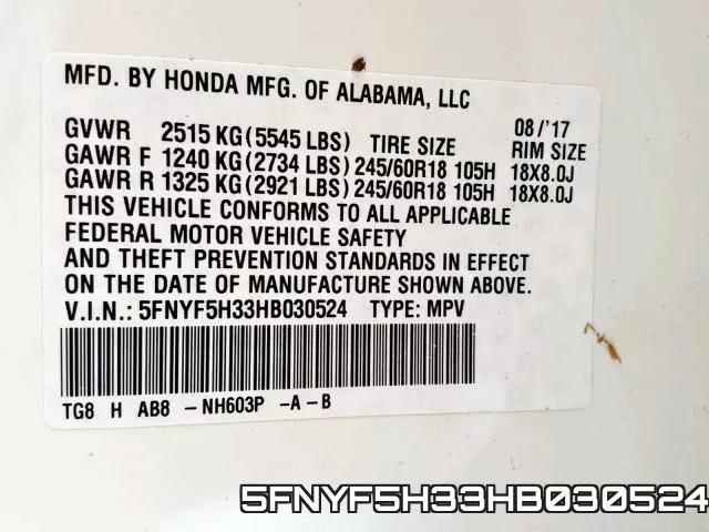 5FNYF5H33HB030524 фото 2