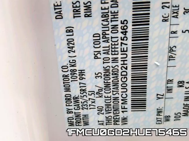 1FMCU0GD2HUE75465 фото 2