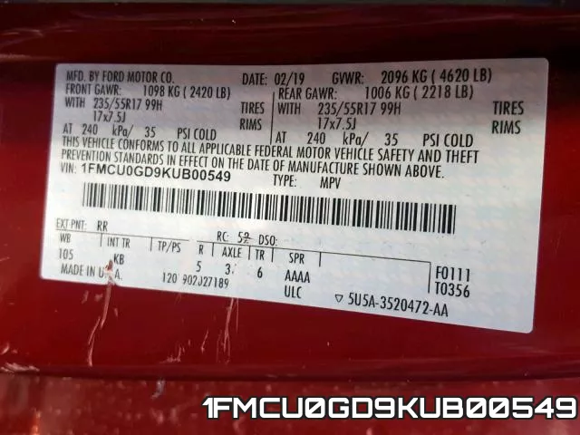 1FMCU0GD9KUB00549 фото 2