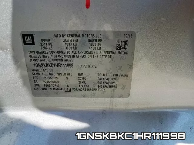 1GNSKBKC1HR111998 фото 2