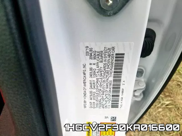 1HGCV2F30KA016600 фото 2