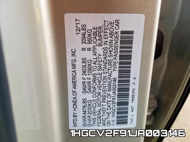 1HGCV2F91JA003146 фото 2