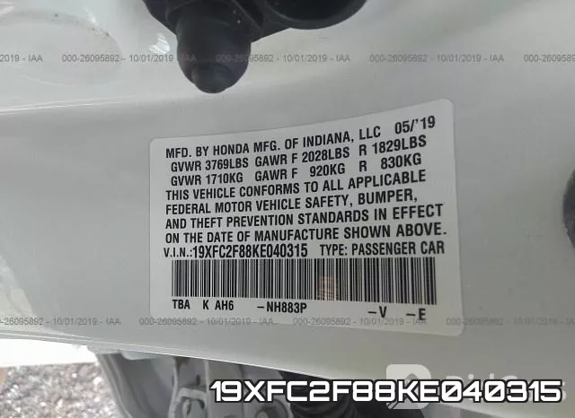 19XFC2F88KE040315 фото 10