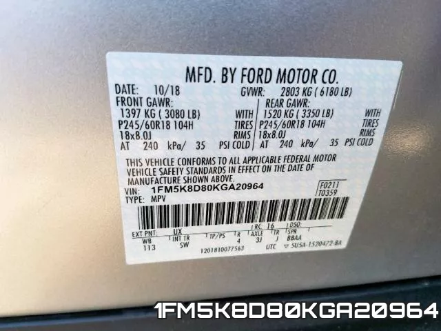 1FM5K8D80KGA20964 фото 2