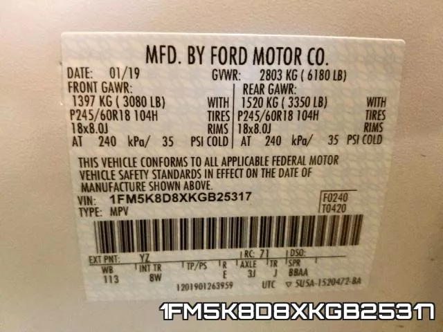 1FM5K8D8XKGB25317 фото 2