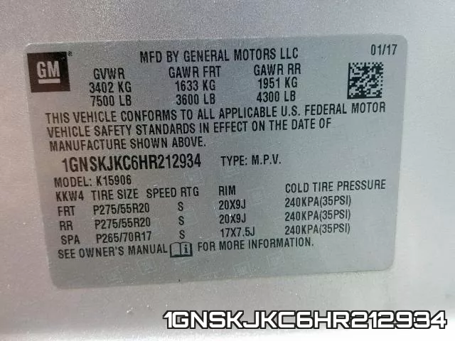 1GNSKJKC6HR212934 фото 2