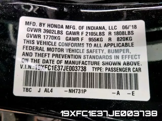19XFC1E37JE003738 фото 2