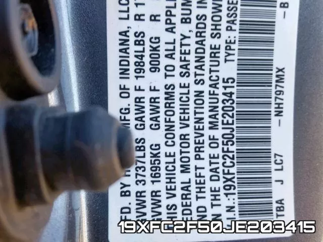 19XFC2F50JE203415 фото 2