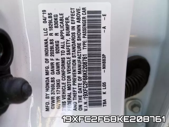 19XFC2F68KE208761 фото 2