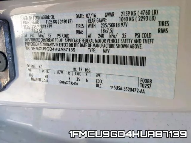 1FMCU9GD4HUA87139 фото 2