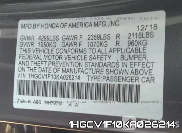 1HGCV1F10KA026214 фото 10