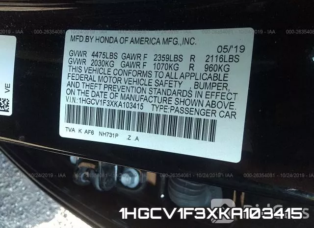 1HGCV1F3XKA103415 фото 9