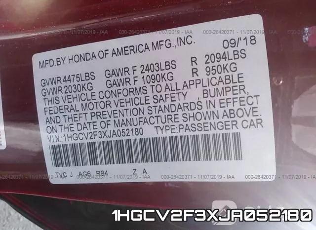 1HGCV2F3XJA052180 фото 10