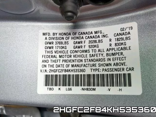 2HGFC2F84KH535360 фото 2