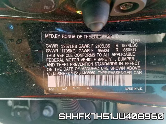 SHHFK7H51JU408960 фото 2