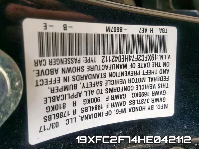 19XFC2F74HE042112 фото 2