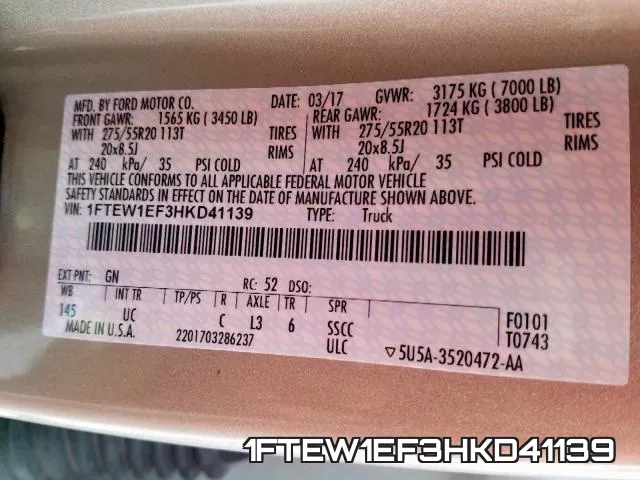 1FTEW1EF3HKD41139 фото 2