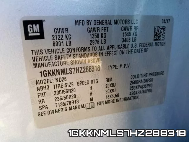 1GKKNMLS7HZ288318 фото 2