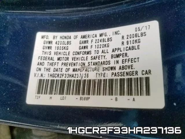 1HGCR2F33HA237136 фото 2