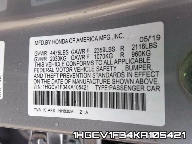 1HGCV1F34KA105421 фото 2